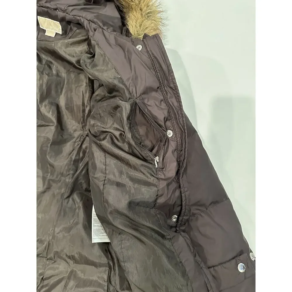 Michael Kors Women’s M Down Puffer Parka Winter Coat Hood With Fur Trim Brown - Picture 12 of 16
